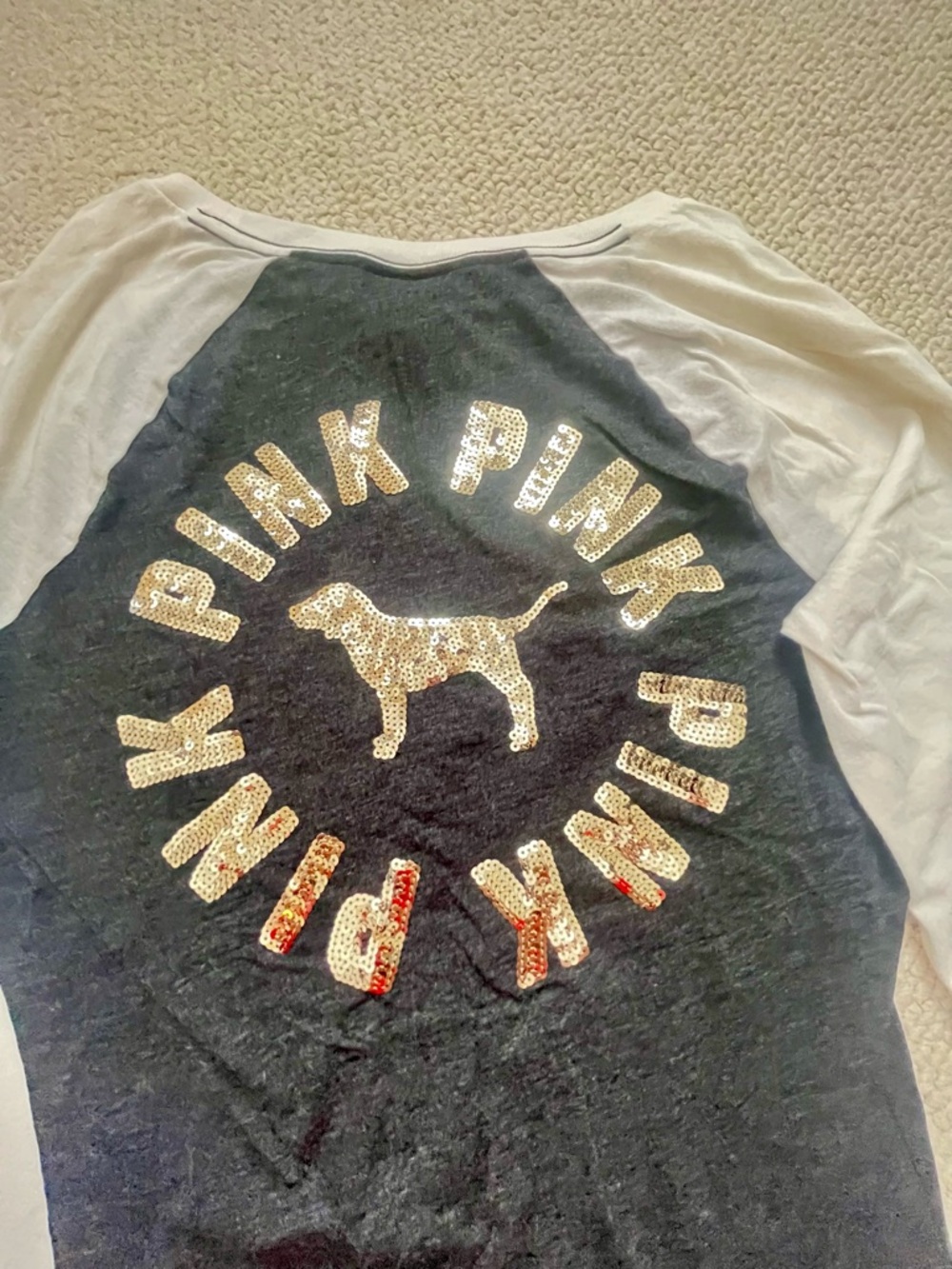 PINK Victoria's Secret charcoal and White Sequin Logo Raglan Top